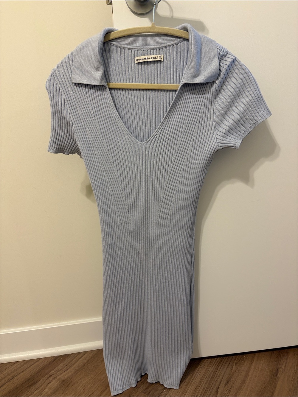 Abercrombie & Fitch Pale Blue Ribbed Polo V‑Neck Midi Dress